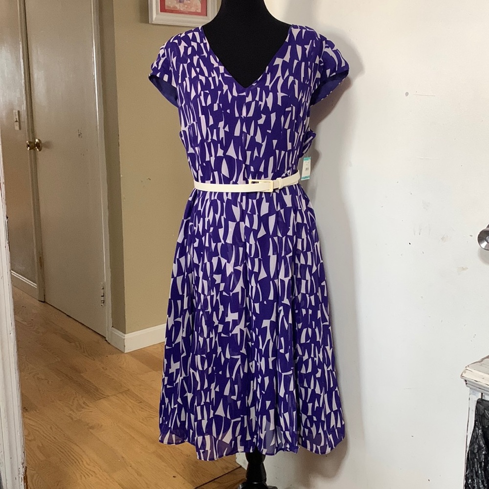 Anne Klein sheer belted crop sleeve midi dress blue white print size 16